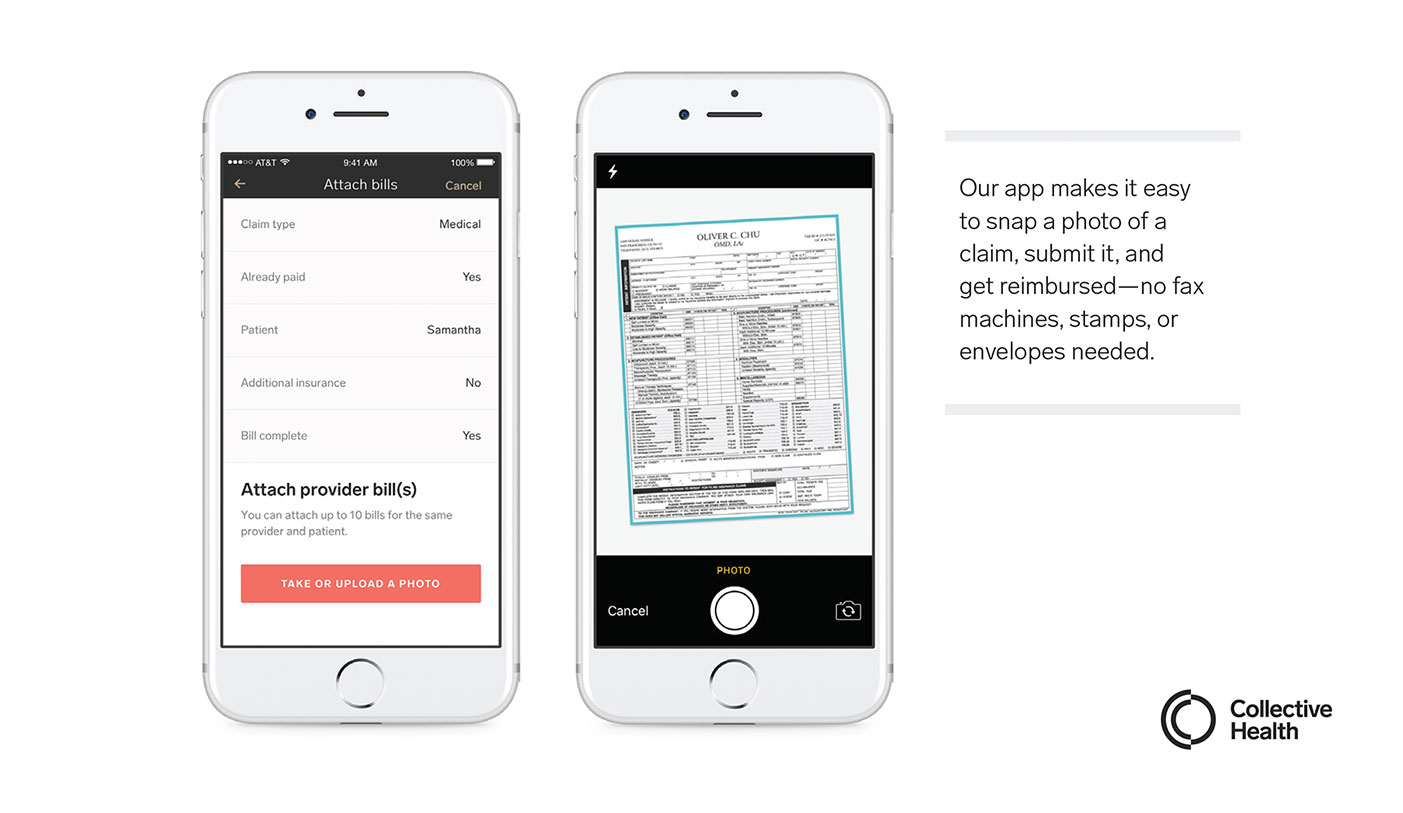 Our app makes it easy to snap a photo of a claim, submit it, and get reimbursed—no fax machines, stamps, or envelopes needed. Collective Health’s Member-submitted out of network claims tool