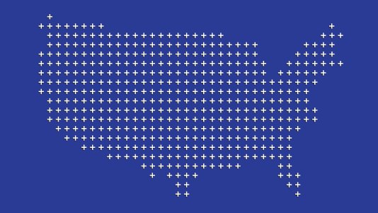 Silhouette of the United States composed of medical crosses